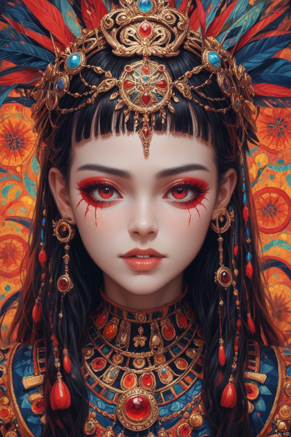 OBbllai,OBwans,Halloween makeup,
This is a highly detailed, high-resolution photograph of a young woman with a striking, anime-inspired makeup look. She has fair skin with a light dusting of freckles, particularly prominent on her cheeks. Her eyes are large and almond-shaped, accentuated with thick, dark eyeliner and voluminous false lashes. The irises are a vivid, striking red, adding a dramatic contrast to her eye makeup. Red streaks are painted across her face, particularly on her cheek and forehead, adding a bold, almost tribal aesthetic.Her lips are full and painted a deep, matte red, matching the red in her eyes. She has sharp, pointed teeth, which are slightly visible, giving her a slightly fanged appearance. Her hair is long and straight, black with a slight glossy sheen, and styled with blunt bangs that frame her face. She wears a colorful, ornate headpiece that has a mix of yellow, red, and gold patterns, adding to the eclectic and fantasy-like nature of her attire.Her outfit is a rich, dark blue garment with intricate gold embroidery and lace details, suggesting a traditional or historical theme. The overall image is vibrant and bold, capturing a mix of anime and fantasy aesthetics.,score_9 score_8_up score_7_up,
