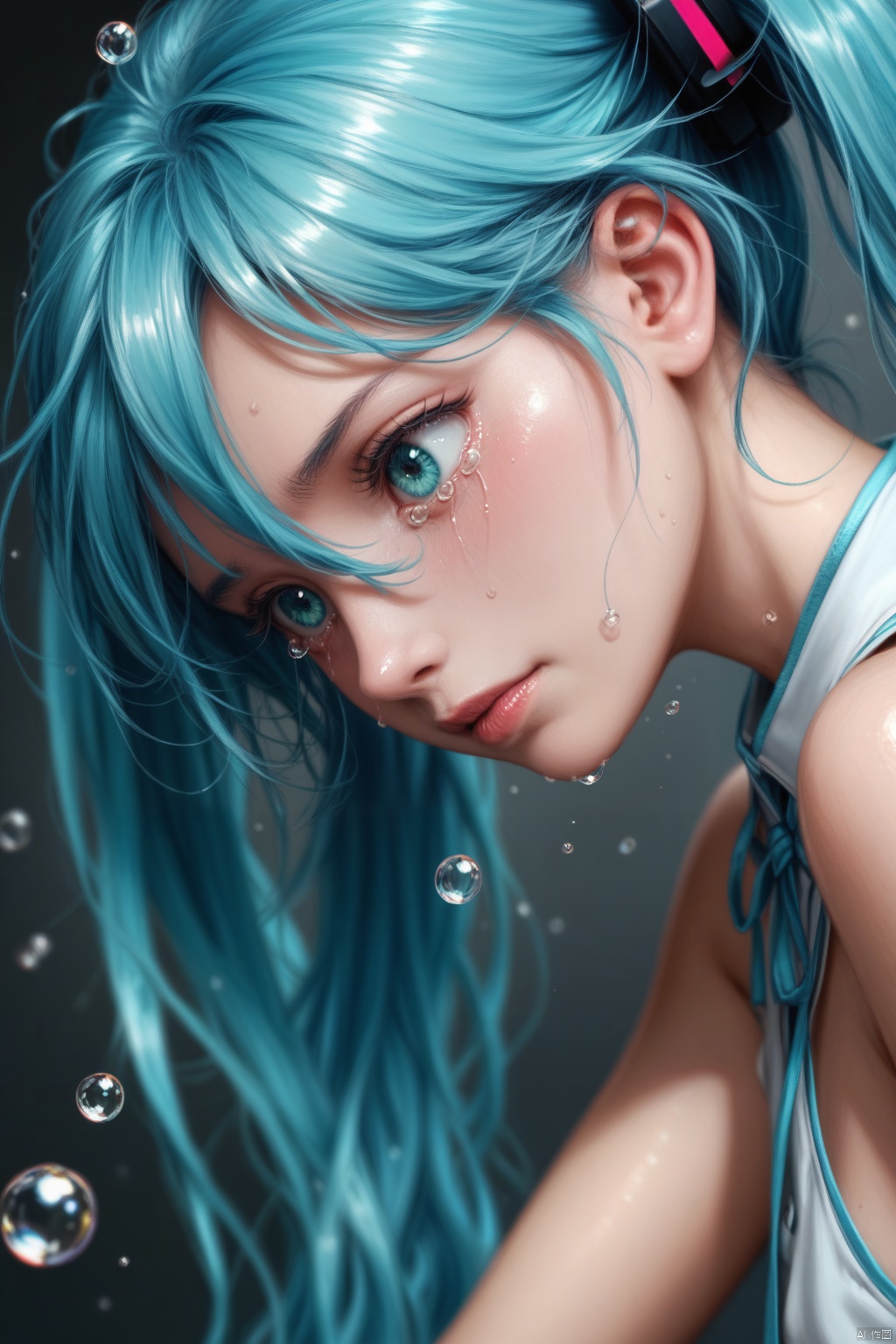  (masterpiece),(best quality),illustration,ultra detailed,hdr,Depth of field,(colorful),nai3 Style,1girl,solo,hatsune miku,long hair,twintails,tears,from side,profile,crying,bare shoulders,aqua eyes,bubble,portrait,blue hair,hair ornament,crying with eyes open,blurry,blue eyes,aqua hair,hair between eyes,water drop,closed mouth,sleeveless,upper body,score_9 score_8_up score_7_up,