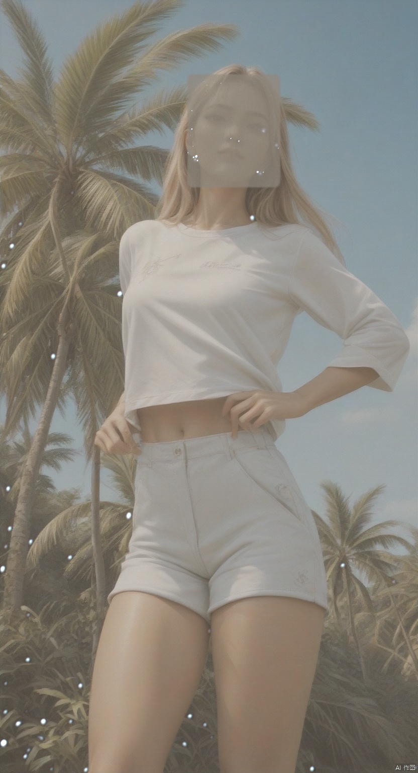 A stunning Asian beauty, boasting a flawless physique, with long hair flowing in the gentle breeze.aerial, her cowboy-shot pose stands out against the brilliant blue sky and sun-kissed tropical trees. Her white shirt and bold shorts draw attention to her toned legs as she confidently faces the camera, her porcelain-like skin glowing with a subtle sheen.,score_9 score_8_up score_7_up, 35mm film photography