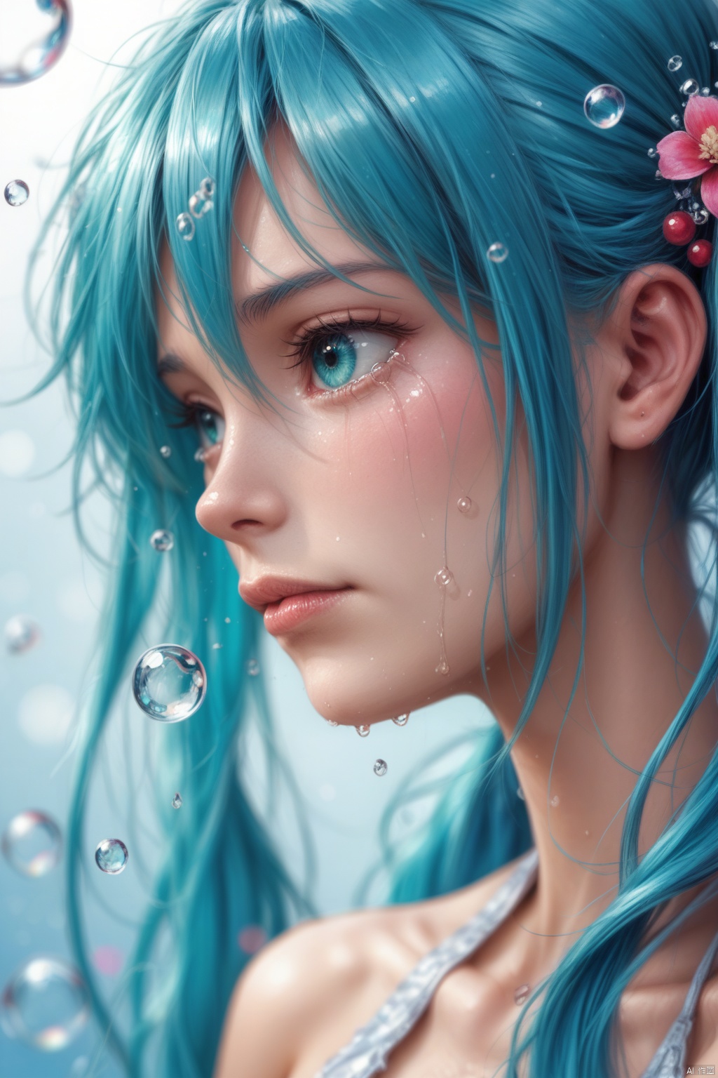  (masterpiece),(best quality),illustration,ultra detailed,hdr,Depth of field,(colorful),nai3 Style,1girl,solo,hatsune miku,long hair,twintails,tears,from side,profile,crying,bare shoulders,aqua eyes,bubble,portrait,blue hair,hair ornament,crying with eyes open,blurry,blue eyes,aqua hair,hair between eyes,water drop,closed mouth,sleeveless,upper body,score_9 score_8_up score_7_up,
