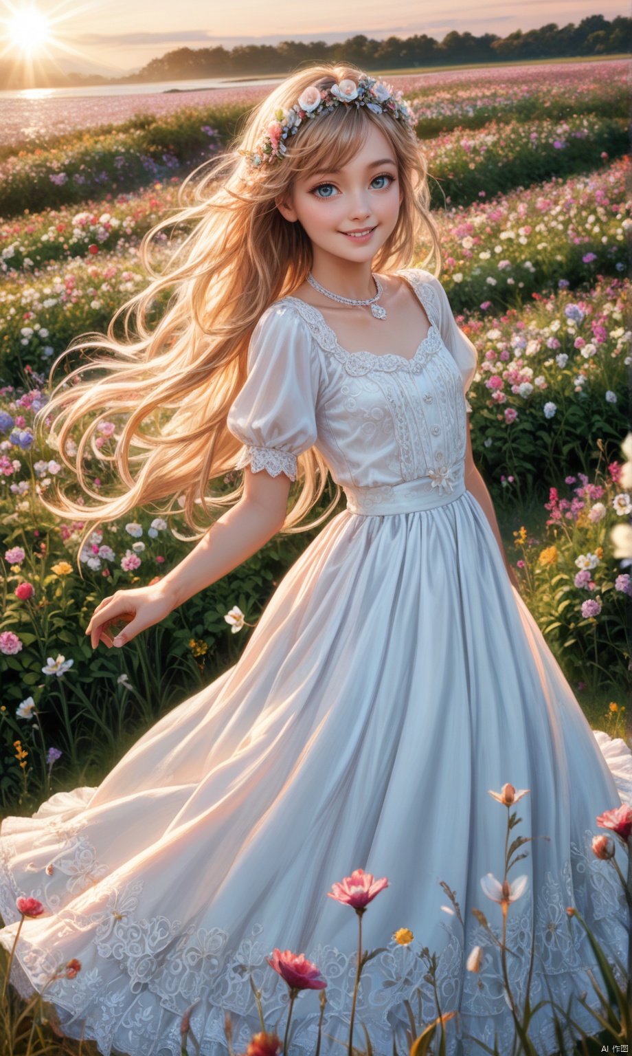  HDR, UHD, 8K, Highly detailed, best quality, masterpiece, 1girl, realistic, Highly detailed, (EOS R8, 50mm, F1.2, 8K, RAW photo:1.2), ultra realistic 8k cg,1 girl, solo focus,peafect body,Long hair,Messy hair,Bangs,hair between eyes,Sidelocks,Hair over shoulder,very long hair,shiny hair,floating hair,Bright eyes,big eyes,detailed eyes,beautiful eyes,hair ornament,hair flower,choker,frilled dress with lace,long dress,pleated dress,[loli],,outdoors,water,flower, in the ((sea of flowers)), flower field,meadow,beautiful detailed sky,feather,nature,(sunlight), skirt up,,moist skin, shiny skin, glossy skin, (best illumination, best shadow, extremely delicate and beautiful), perfect lighting, original, highres, dynamic angle, floating,depth of field, caustics,lens flare,warm lighting,(official art,beautiful and aesthetic:1.2),beautiful face, ultra detailed eyes, looking_at_viewer,kind smile,pose for picture,huolinger,jingling,score_9 score_8_up score_7_up,score_9 score_8_up score_7_up,