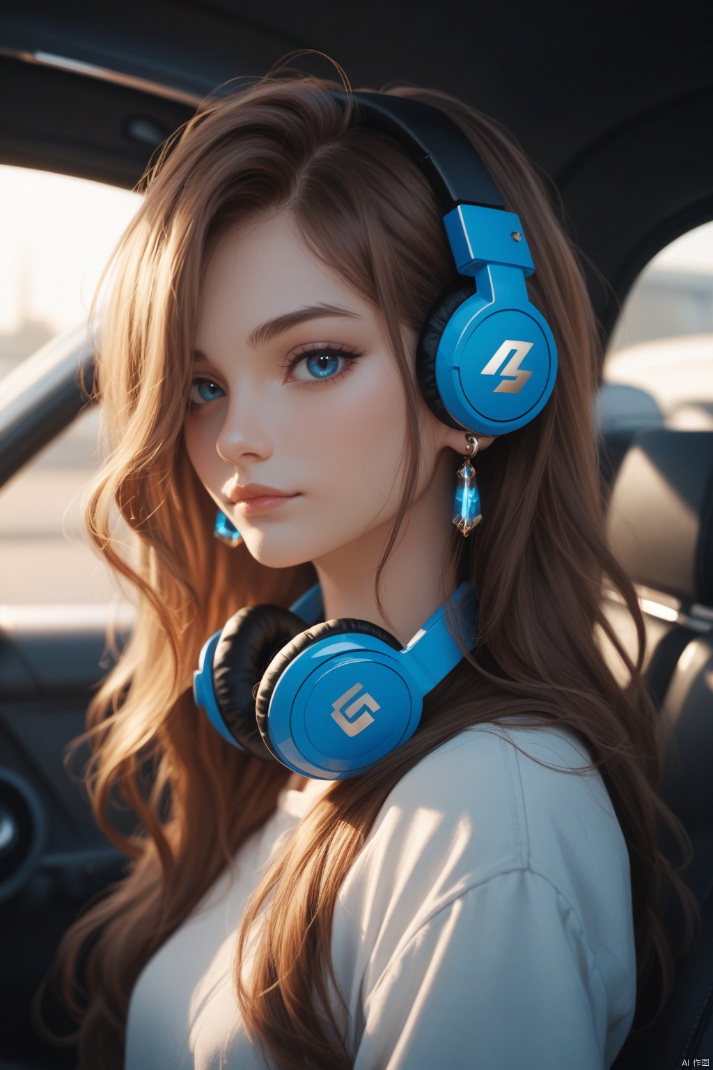 1girl, solo, long hair, looking at viewer, blue eyes, brown hair, jewelry, upper body, earrings, parted lips, hair over one eye, headphones, piercing, ground vehicle, ear piercing, motor vehicle, headphones around neck,score_9 score_8_up score_7_up,