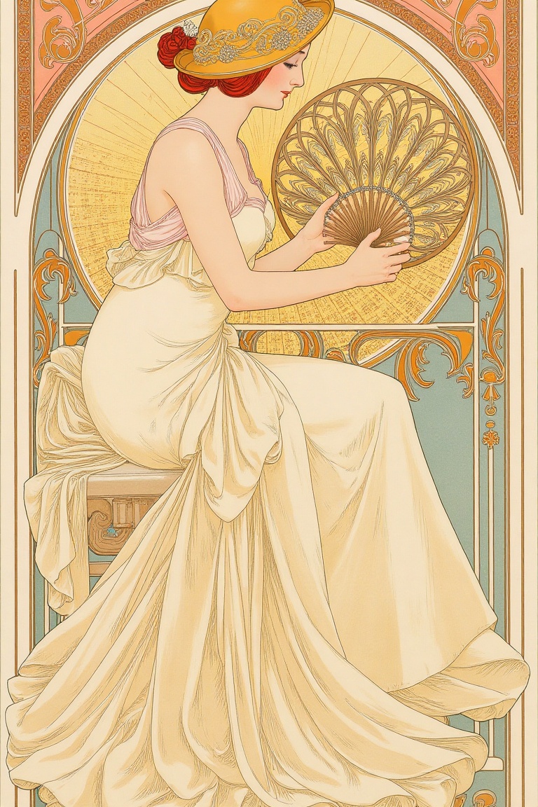 Art Nouveau Poster: A Woman in a Hat,  Holding an Intricate Fan. Alphonse Mucha Style on Tensor.Art