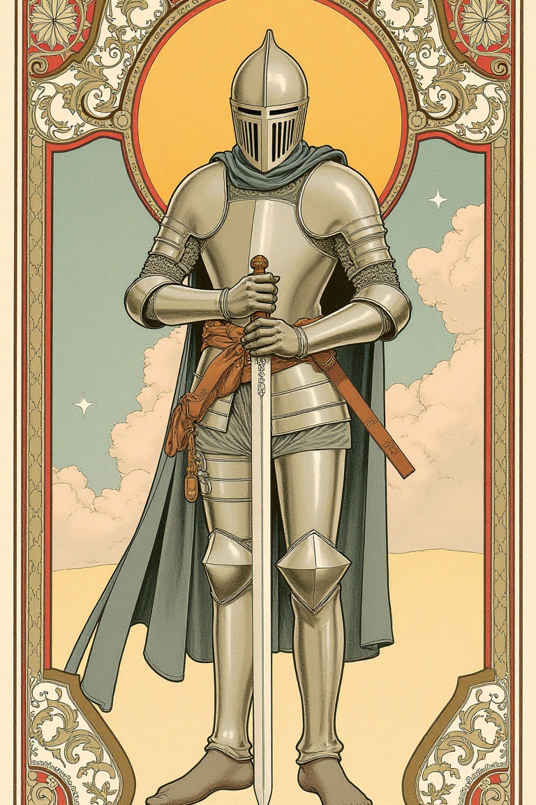 Art Nouveau Poster: A man in steel armor and steel helmet hiding his face,  holding sword,  Surrounded by Decorative Eleme...