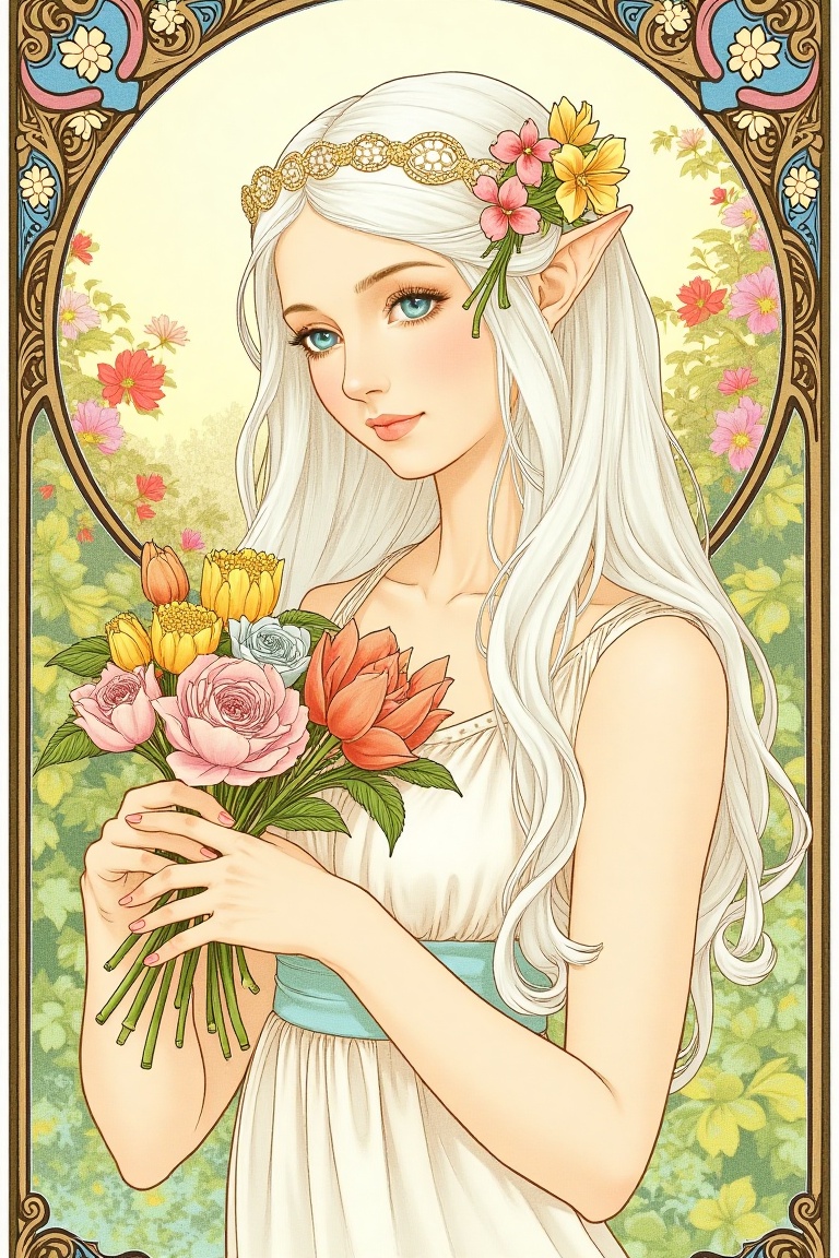 Art Nouveau Tarrot style: of a beautiful high elf with long white hair and striking blue eyes,  wearing a flowing white dr...