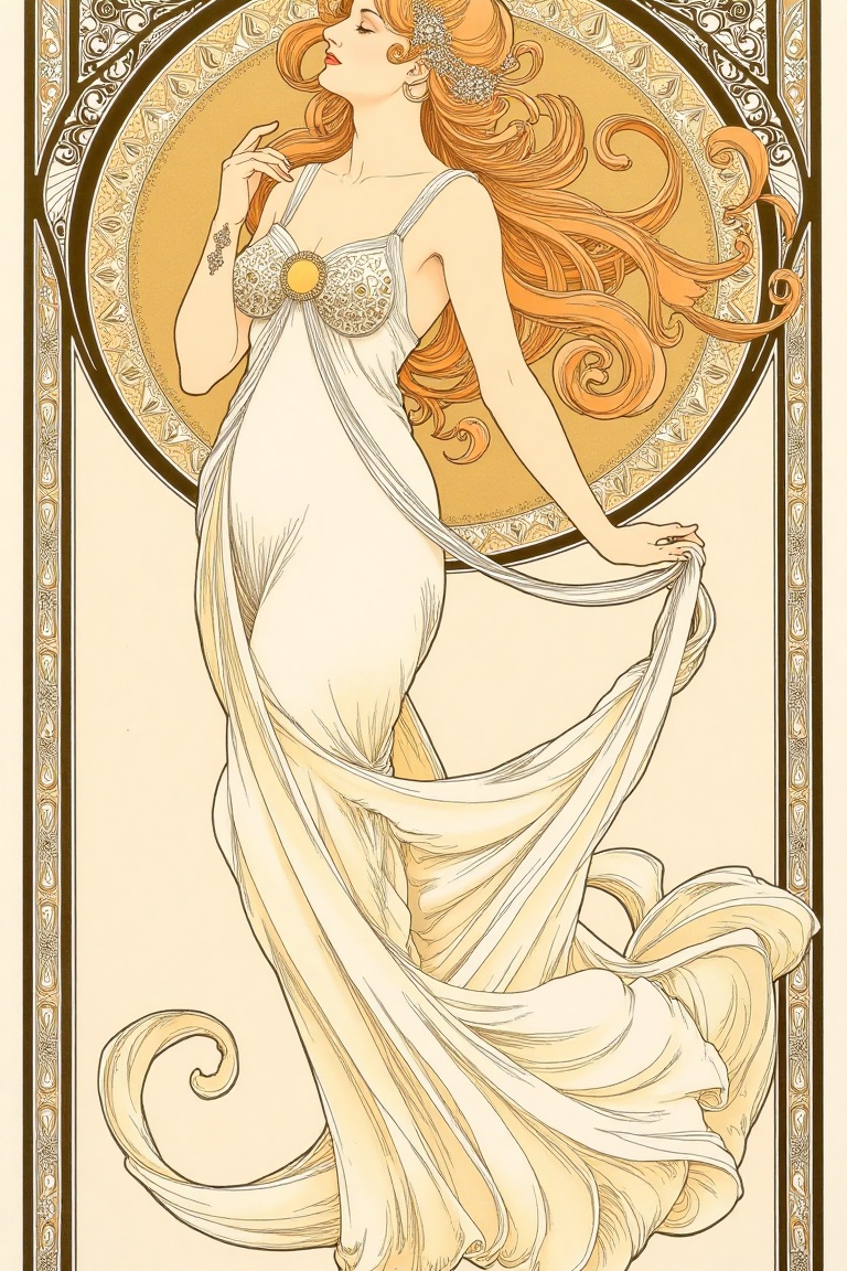 Art Nouveau Poster: A Woman in a Swirling Dress with Flowing Hair,  Surrounded by Decorative Elements and Floral Motifs,...