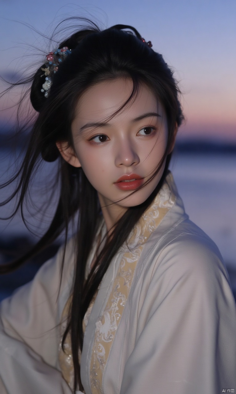 A woman, Hanfu, her hair fluttering in the wind, against the background of the twilight sky.