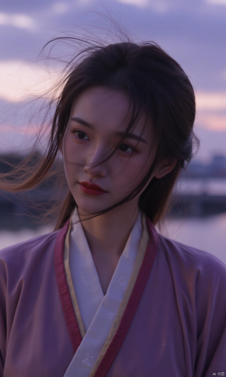 A woman, Hanfu, her hair fluttering in the wind, against the background of the twilight sky.