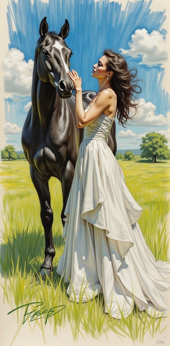 Create a stunning portrait of a beautiful woman in a flowing,  elegant gown,  standing beside a majestic black horse. The...
