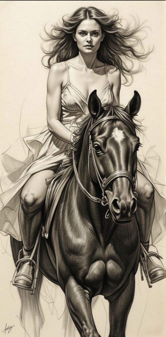 Illustrate a stunning woman seated on a black horse,  her long hair blowing gently in the wind. The horse should have an e...