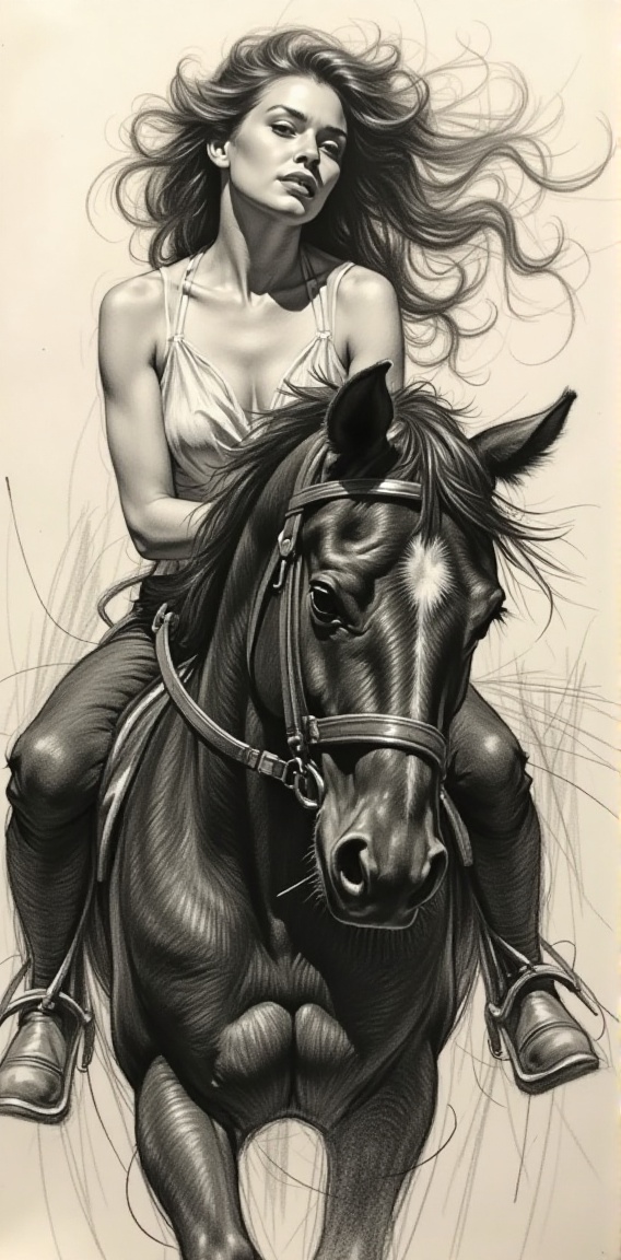 Illustrate a stunning woman seated on a black horse,  her long hair blowing gently in the wind. The horse should have an e...