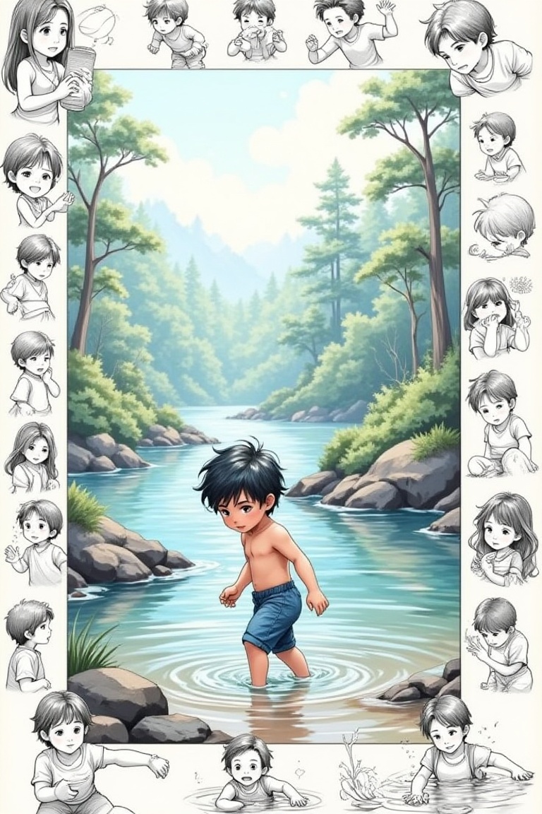 A vibrant,  colorful boy with realistic dynamics and an anime aesthetic is playing in the water on the riverbank. The enti...