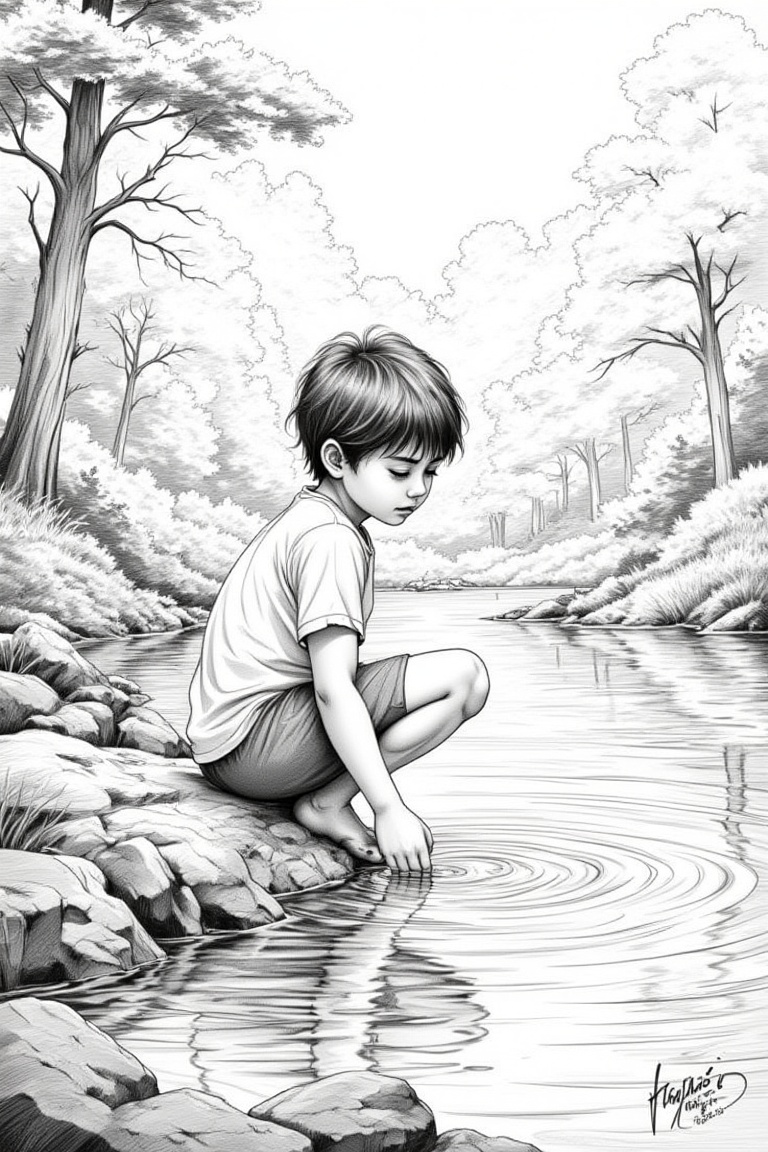 A boy is playing in the water on the riverbank with a natural forest as a background for sketches and paintings. A boy has...