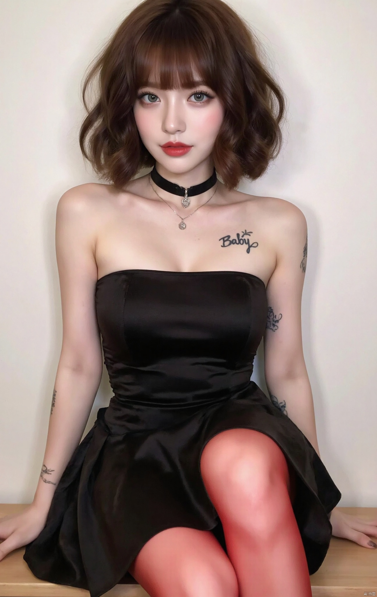 1girl, solo, short hair, bangs, brown hair, blue eyes, thighs, dress, bare shoulders, medium chest, cleavage, closed mouth, full body, collar necklace, black dress, lips, strapless, tattoo, Baby signature on chest, makeup, lipstick, strapless dress, red lips, red stockings,