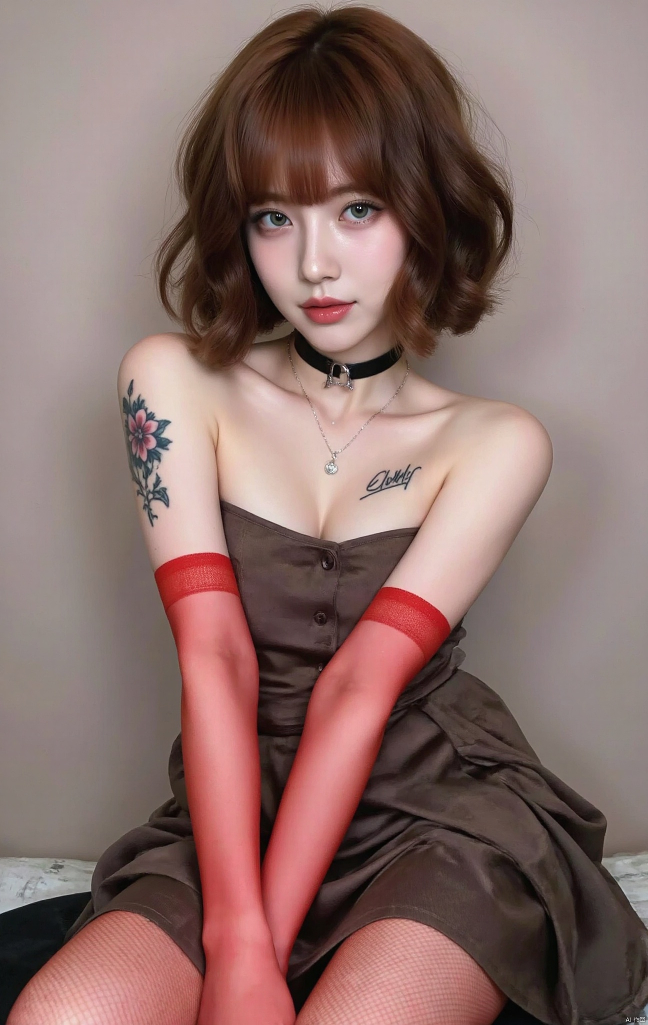 1girl, solo, short hair, bangs, brown hair, blue eyes, collar necklace, strapless, chest tattooed with 老北鼻signature, red stockings, Flower arm tattoo