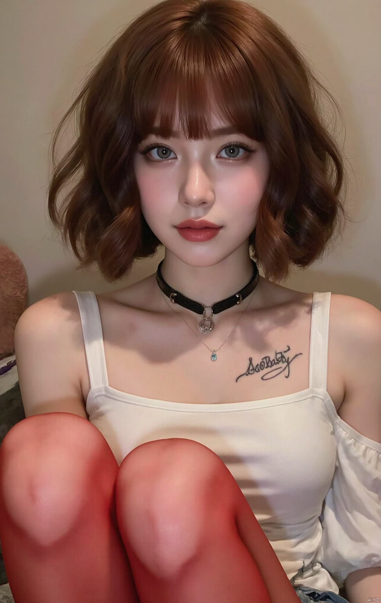 1girl, solo, short hair, bangs, brown hair, blue eyes, collar necklace, strapless, LAOBABY signature tattooed on chest, red stockings,