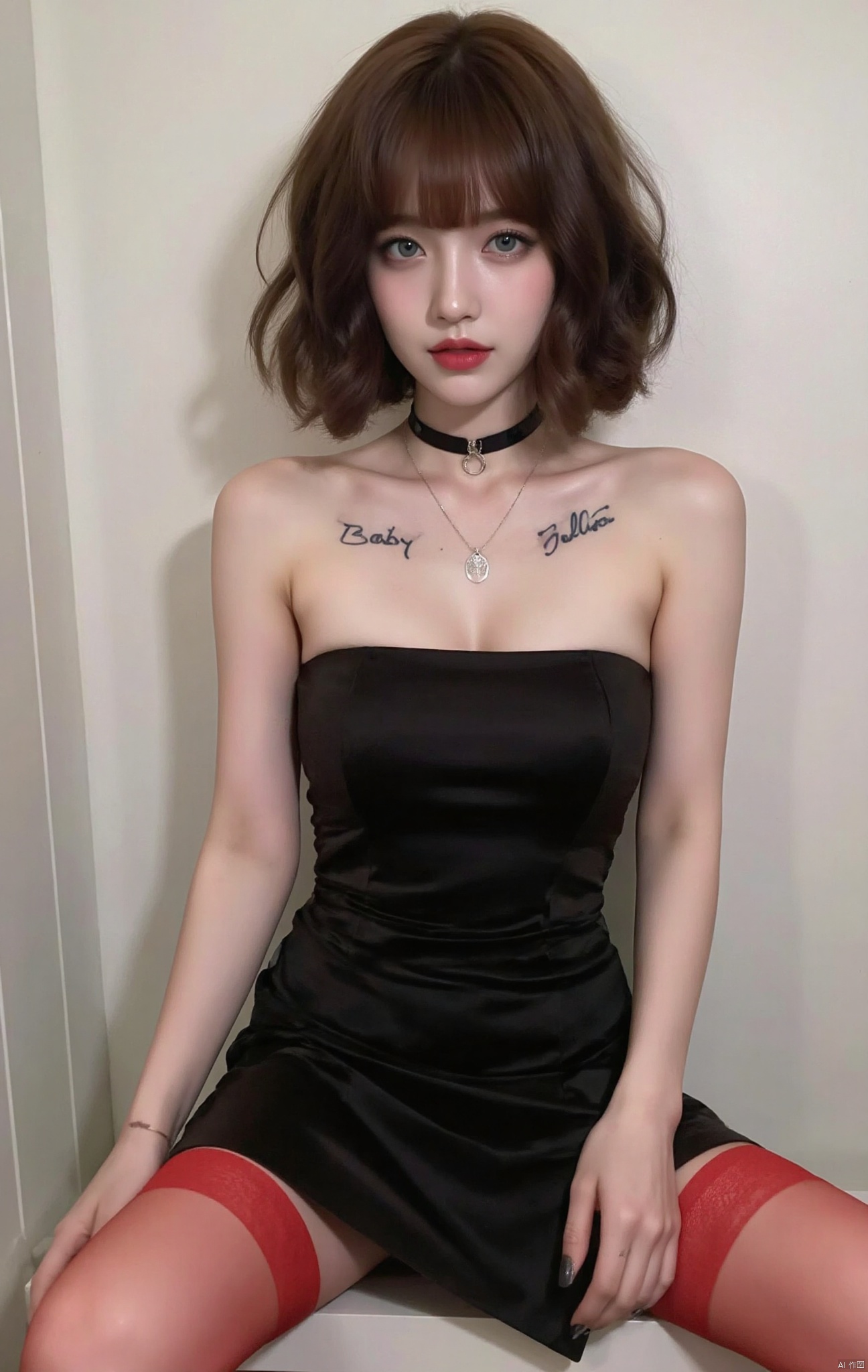 1girl, solo, short hair, bangs, brown hair, blue eyes, thighs, dress, bare shoulders, medium chest, cleavage, closed mouth, full body, collar necklace, black dress, lips, strapless, tattoo, Baby signature on chest, makeup, lipstick, strapless dress, red lips, red stockings,
