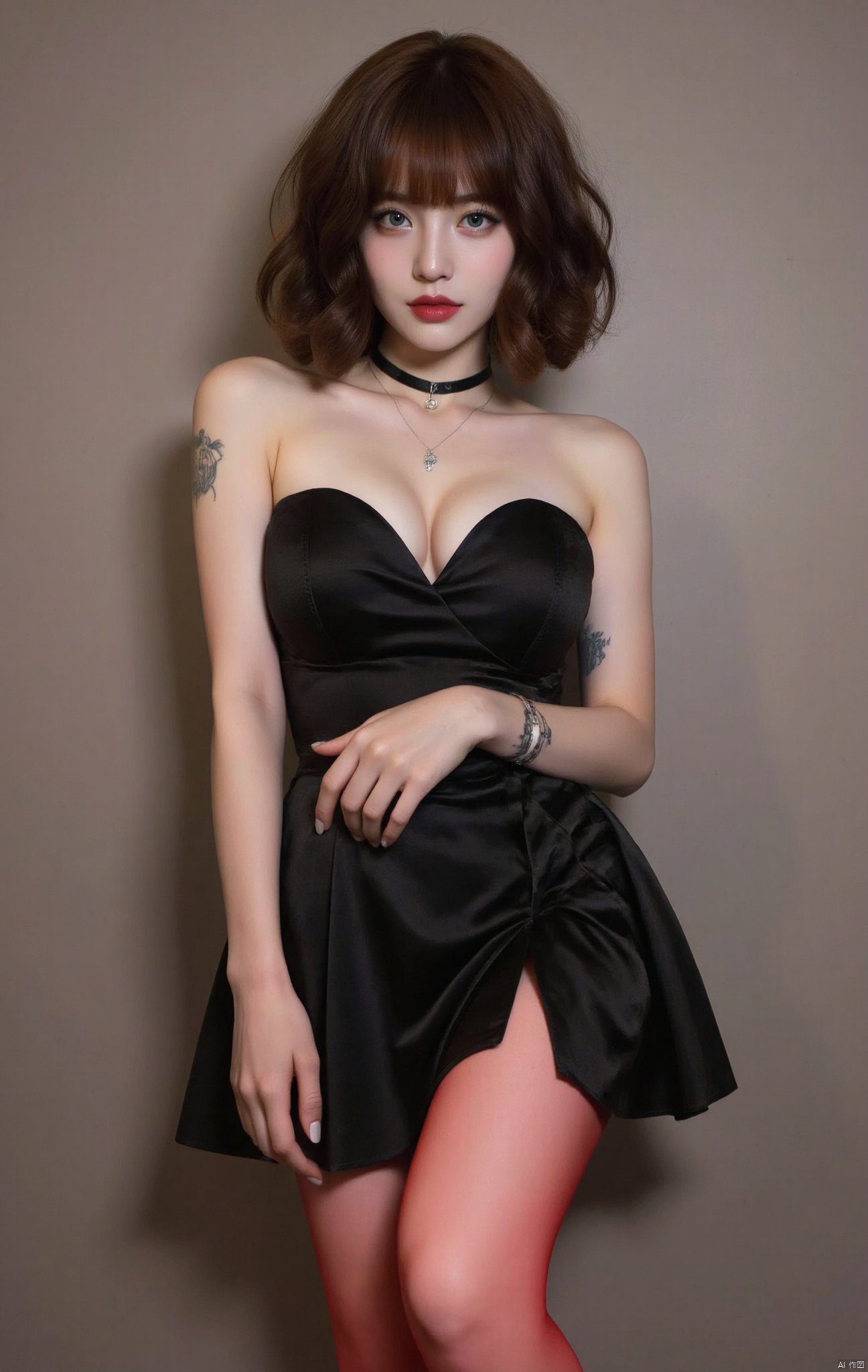 1girl, solo, short hair, bangs, brown hair, blue eyes, thighs, dress, holding, bare shoulders, medium chest, cleavage, closed mouth, full body, choker, black dress, lips, strapless, tattoo, makeup, lipstick, strapless dress, red lips, red stockings, bare feet
