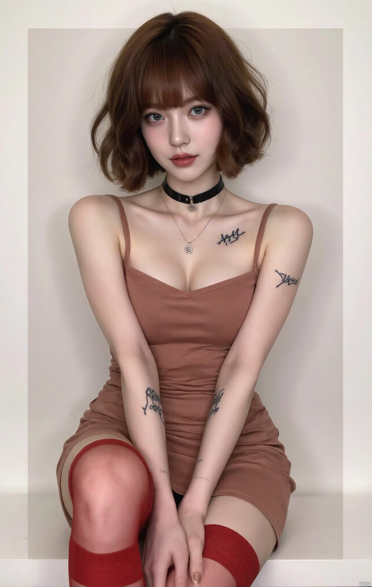 1girl, solo, short hair, bangs, brown hair, blue eyes, collar necklace, strapless, 老北鼻signature tattooed on chest, red stockings,