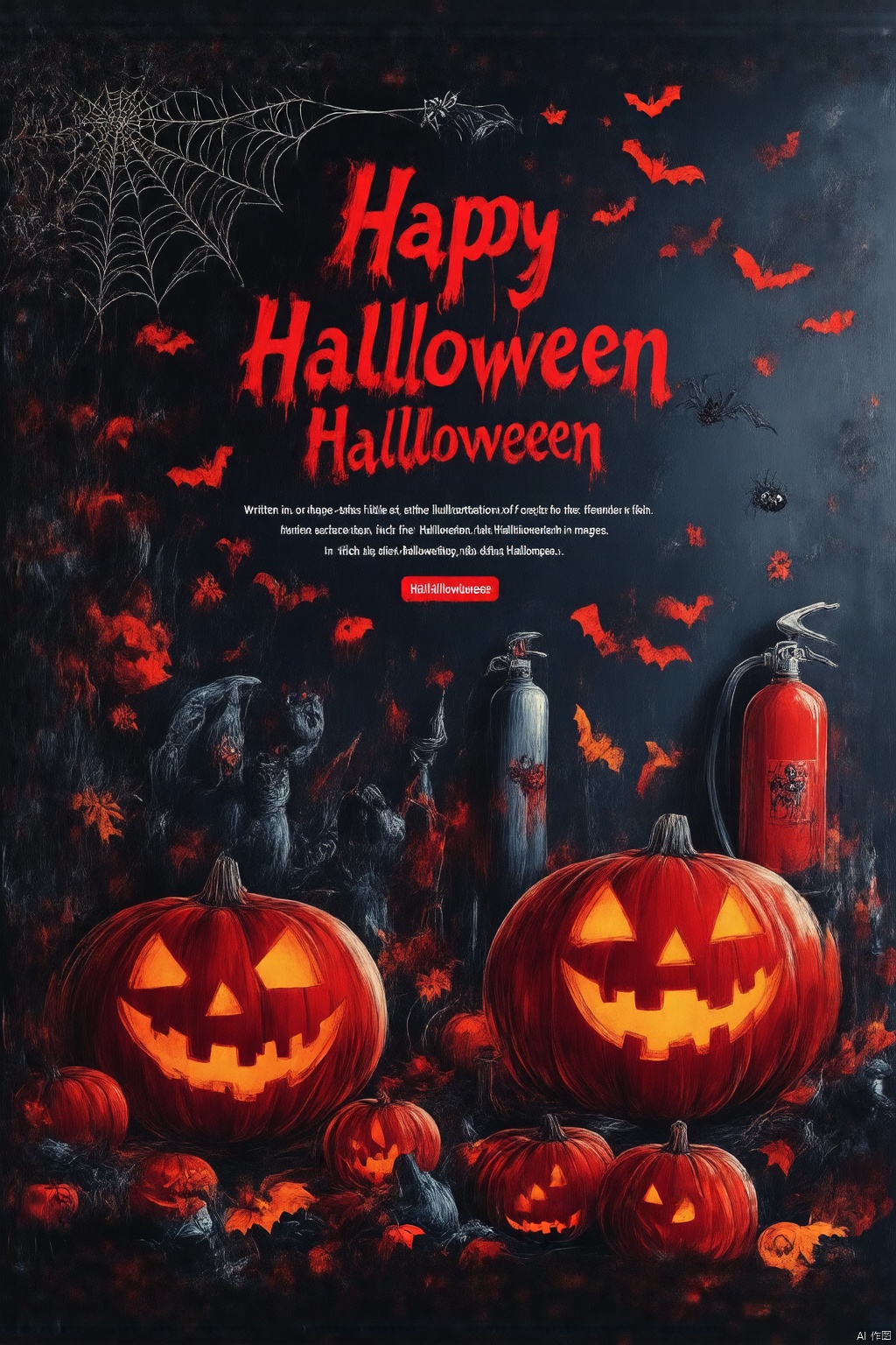Halloween horror poster style,A detailed illustration of a Halloween theme is displayed on a black surface. The background is a vibrant shade of black,with the words "Happy Halloween" in bold red font at the top of the image in a bold font. Below the words,The style of the painting uses a flat illustration effect,featuring fine,halloween colors,rich,fine details,high- definition images" written in white font. There is a spider web in the bottom left corner of the frame. The spider web is in the top left corner,with a red fire extinguisher on the top right corner. There are two Halloween pumpkins on the left side of the page,one in the middle and one on the right side. The pumpkins are in the shape of a jack-o-lantern
