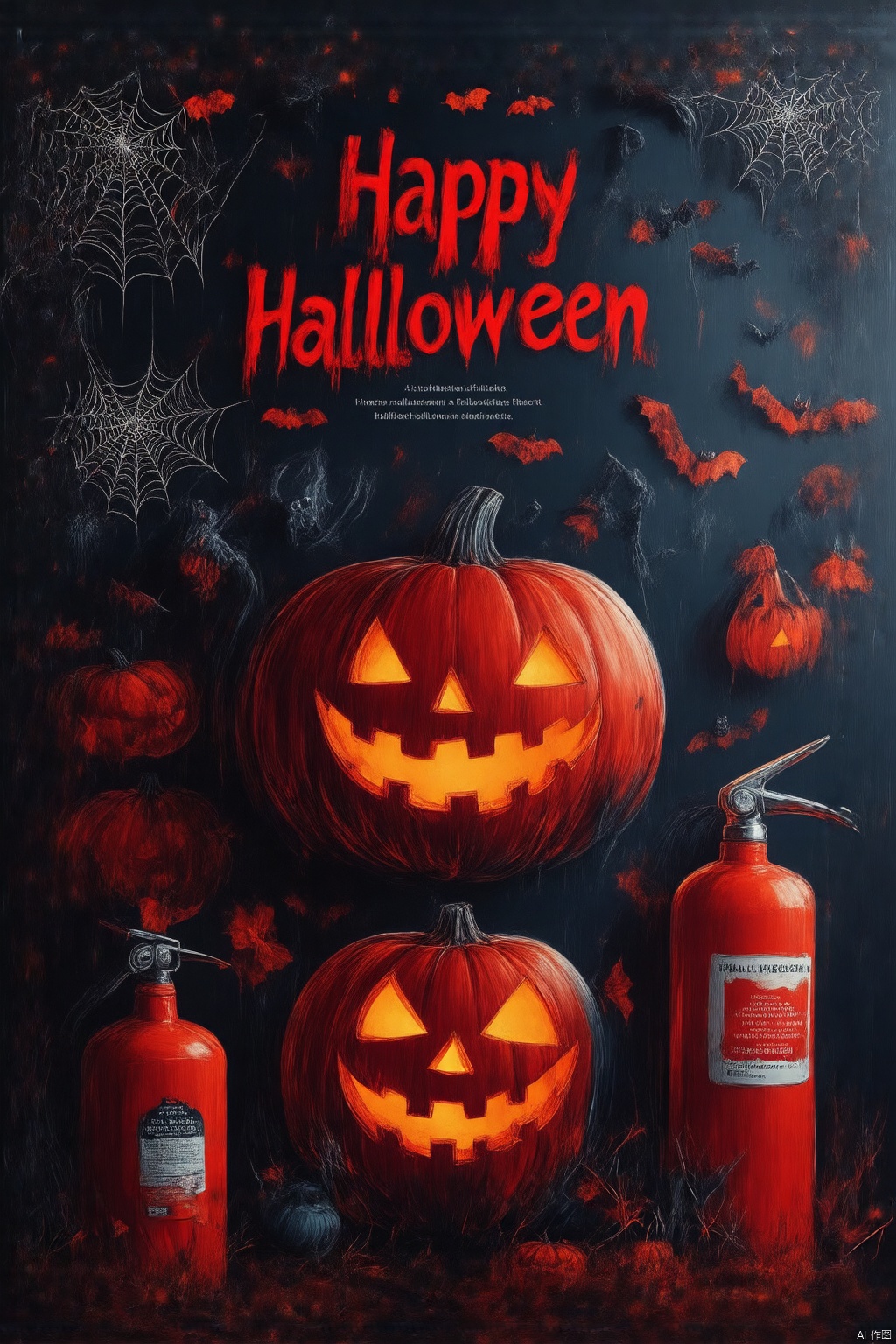 Halloween horror poster style,A detailed illustration of a Halloween theme is displayed on a black surface. The background is a vibrant shade of black,with the words "Happy Halloween" in bold red font at the top of the image in a bold font. Below the words,The style of the painting uses a flat illustration effect,featuring fine,halloween colors,rich,fine details,high- definition images" written in white font. There is a spider web in the bottom left corner of the frame. The spider web is in the top left corner,with a red fire extinguisher on the top right corner. There are two Halloween pumpkins on the left side of the page,one in the middle and one on the right side. The pumpkins are in the shape of a jack-o-lantern