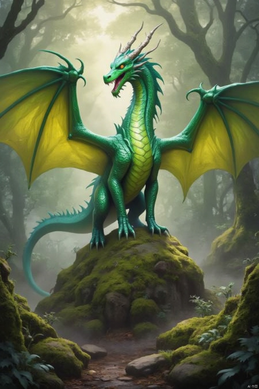 Magical realism world,a vibrant green dragon stands atop a moss-covered rock. The dragon's body is adorned with a bright green body,adorned with yellow accents. Its mouth is open,revealing sharp sharp claws. Its wings are spread wide