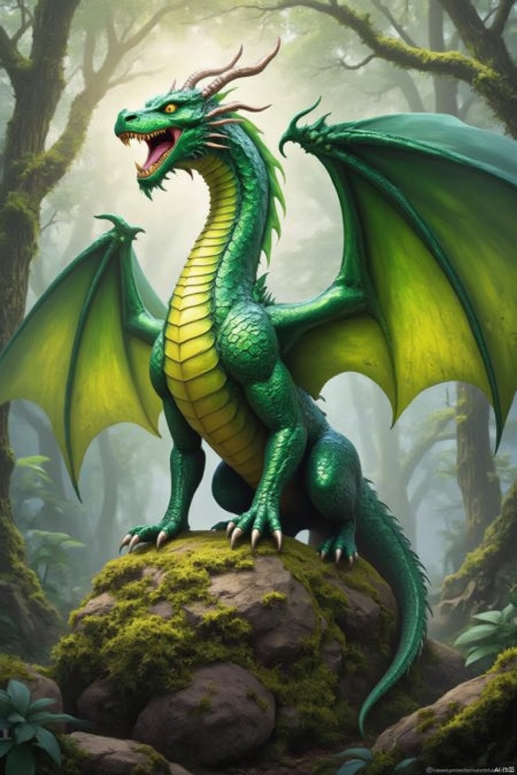 Magical realism world,a vibrant green dragon stands atop a moss-covered rock. The dragon's body is adorned with a bright green body,adorned with yellow accents. Its mouth is open,revealing sharp sharp claws. Its wings are spread wide