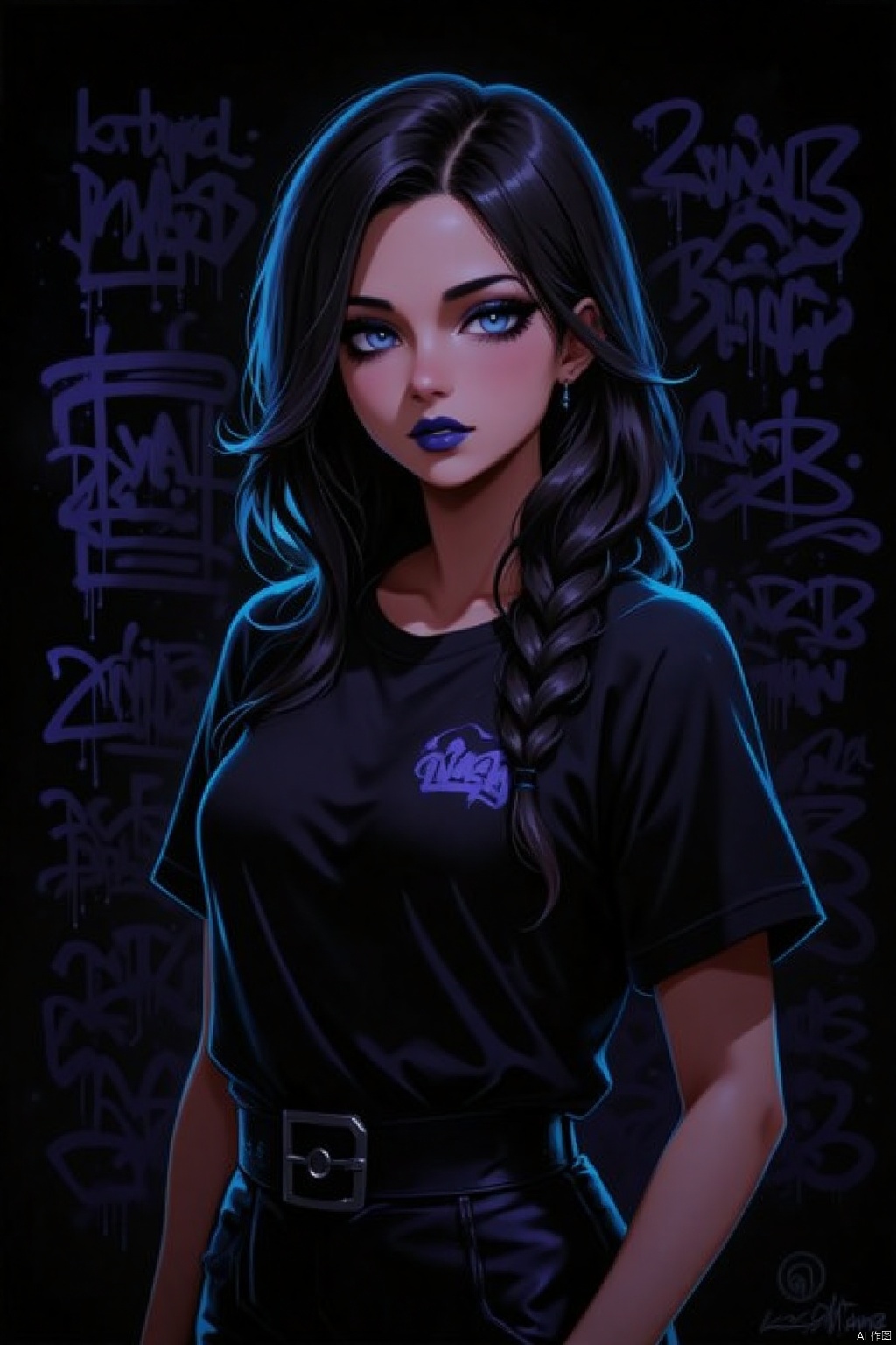 Glowing graffiti,An animated portrait of a woman with long dark hair and blue eyes. She is wearing a black t-shirt with a black belt around her waist. The background is black with white writing all over it.