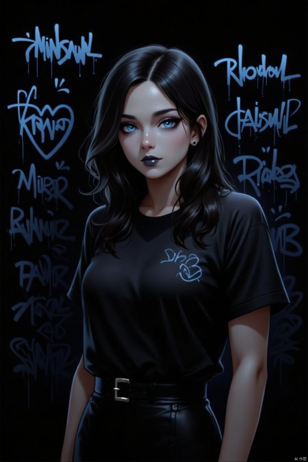 Glowing graffiti,An animated portrait of a woman with long dark hair and blue eyes. She is wearing a black t-shirt with a black belt around her waist. The background is black with white writing all over it.