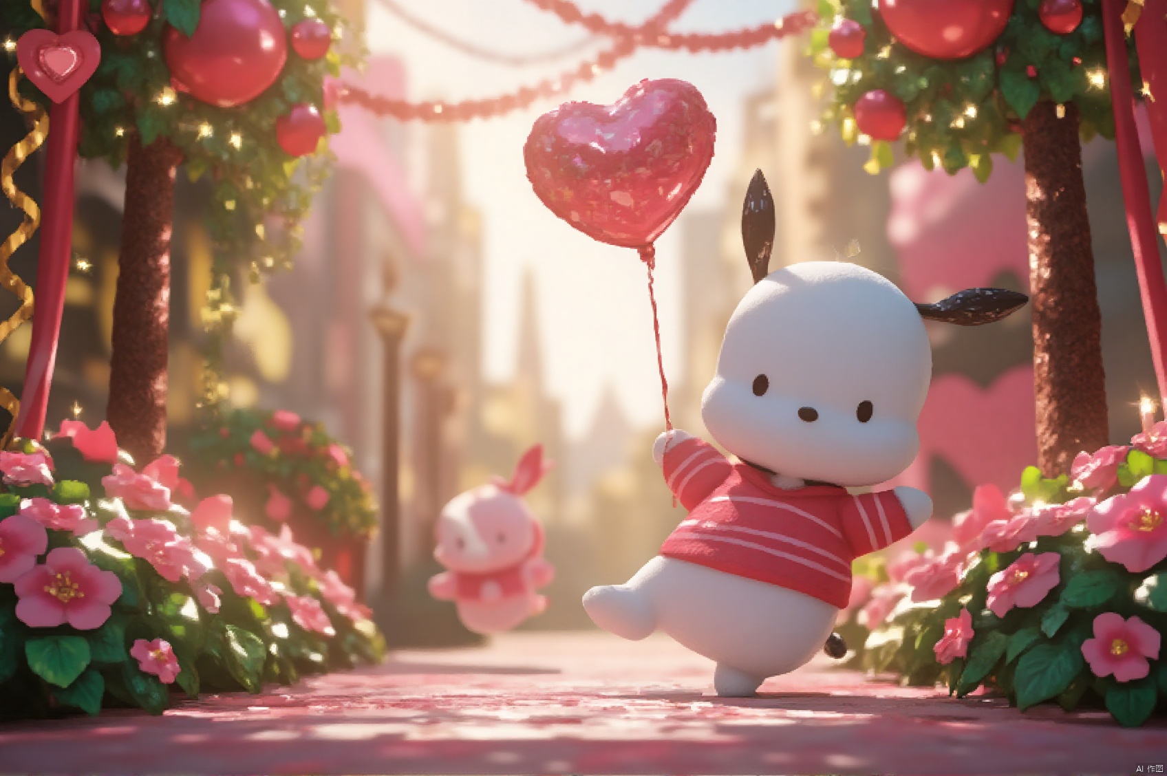 A whimsical scene unfolds as pochacco, surrounded by lush greenery and vibrant pink flowers, poses amidst a festive Valentine's Day setting. A stunning display of heart-shaped balloons, glittering garlands, and sparkling streamers adorns the backdrop, while a delicate the foreground. Soft, warm lighting illuminates the scene, casting a romantic glow on 8k, CG,best quality,HDR,UHD,camera uses 35mm f/2.0 wide-angle lens, uses 35mm f/2.0 wide-angle lens