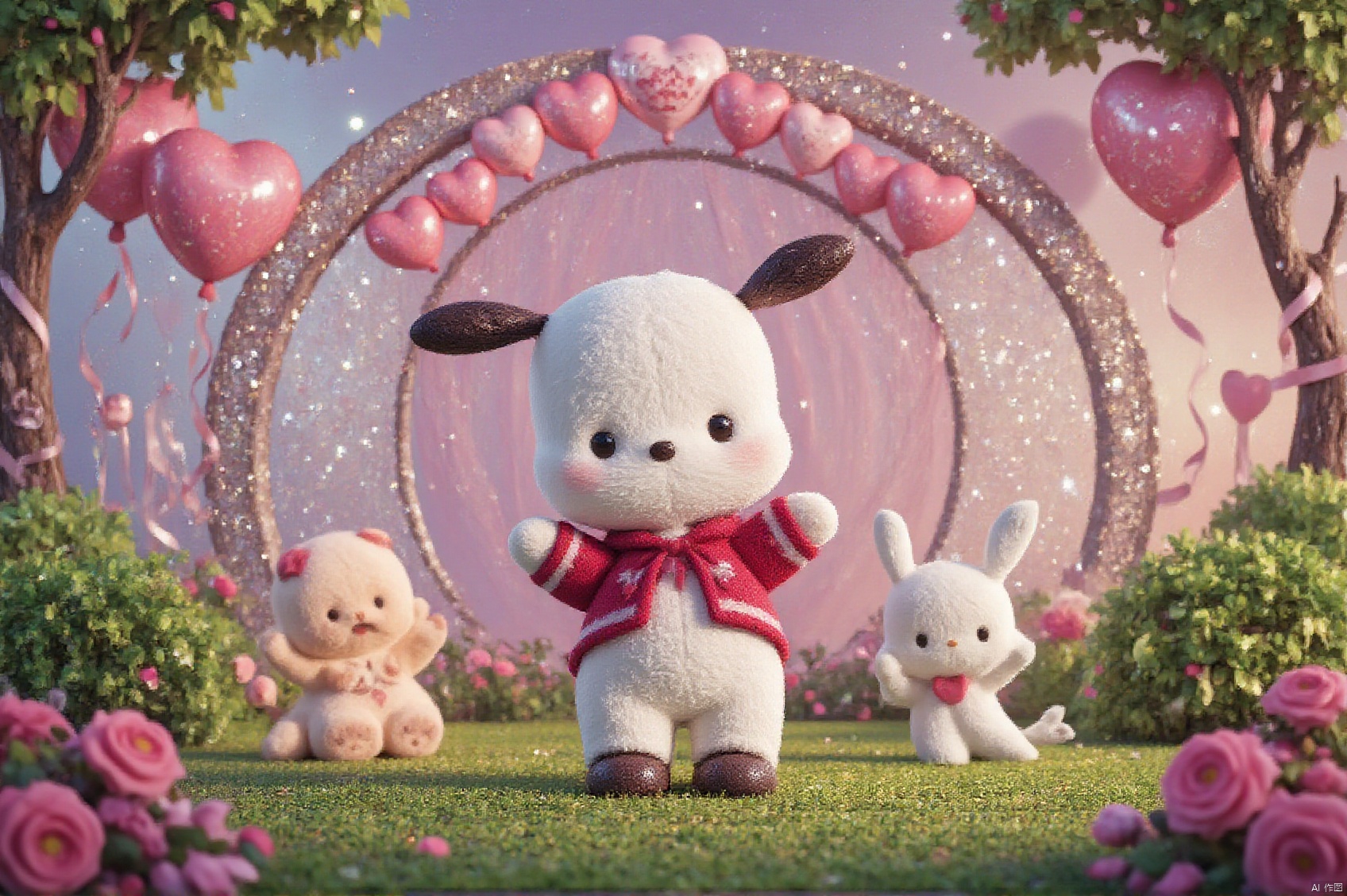 A whimsical scene unfolds as pochacco, surrounded by lush greenery and vibrant pink flowers, poses amidst a festive Valentine's Day setting. A stunning display of heart-shaped balloons, glittering garlands, and sparkling streamers adorns the backdrop, while a delicate the foreground. Soft, warm lighting illuminates the scene, casting a romantic glow on 8k, CG,best quality,HDR,UHD,camera uses 35mm f/2.0 wide-angle lens, uses 35mm f/2.0 wide-angle lens