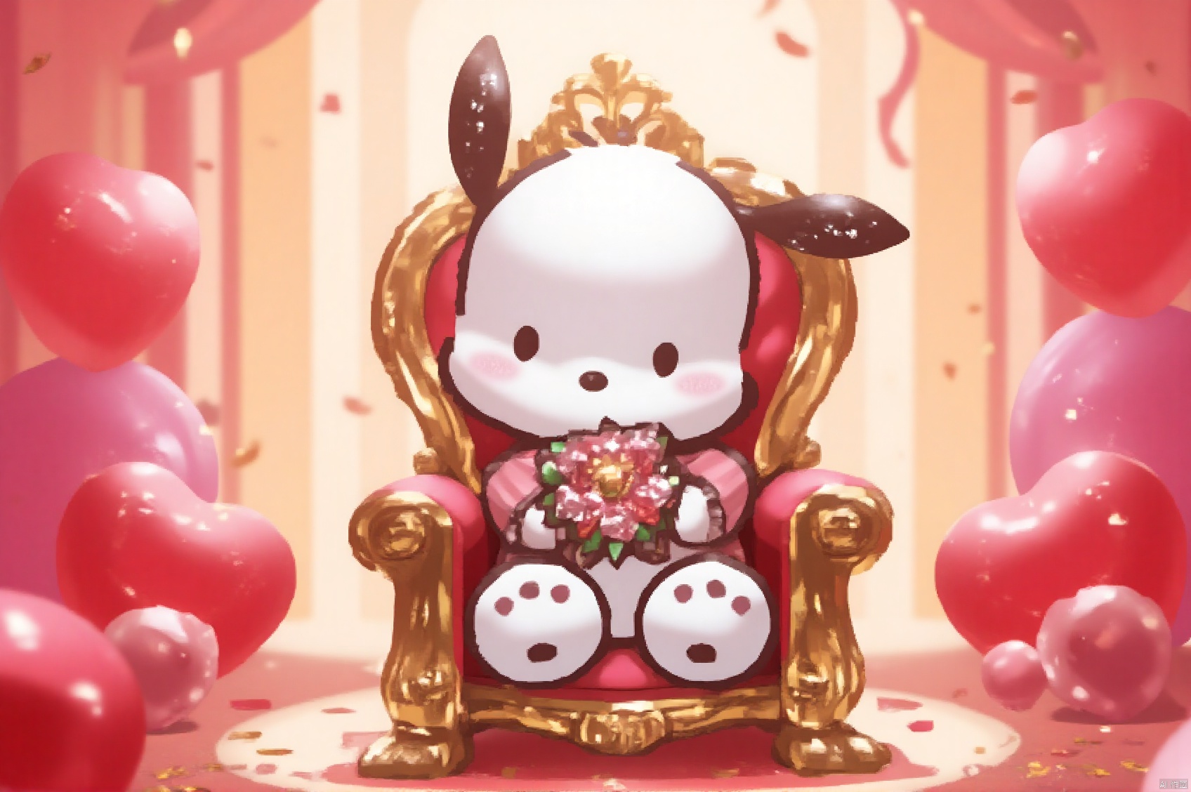 A whimsical illustration depicts pochacco sitting on a heart-shaped throne, surrounded by vibrant red and pink balloons and confetti.  and holds a bouquet of Valentine's Day-themed flowers. Soft, golden lighting illuminates her adorable face, with a subtle sparkle in . The background is a warm, creamy color,8k, CG,best quality,HDR,UHD,camera uses 35mm f/2.0 wide-angle lens, uses 35mm f/2.0 wide-angle lens