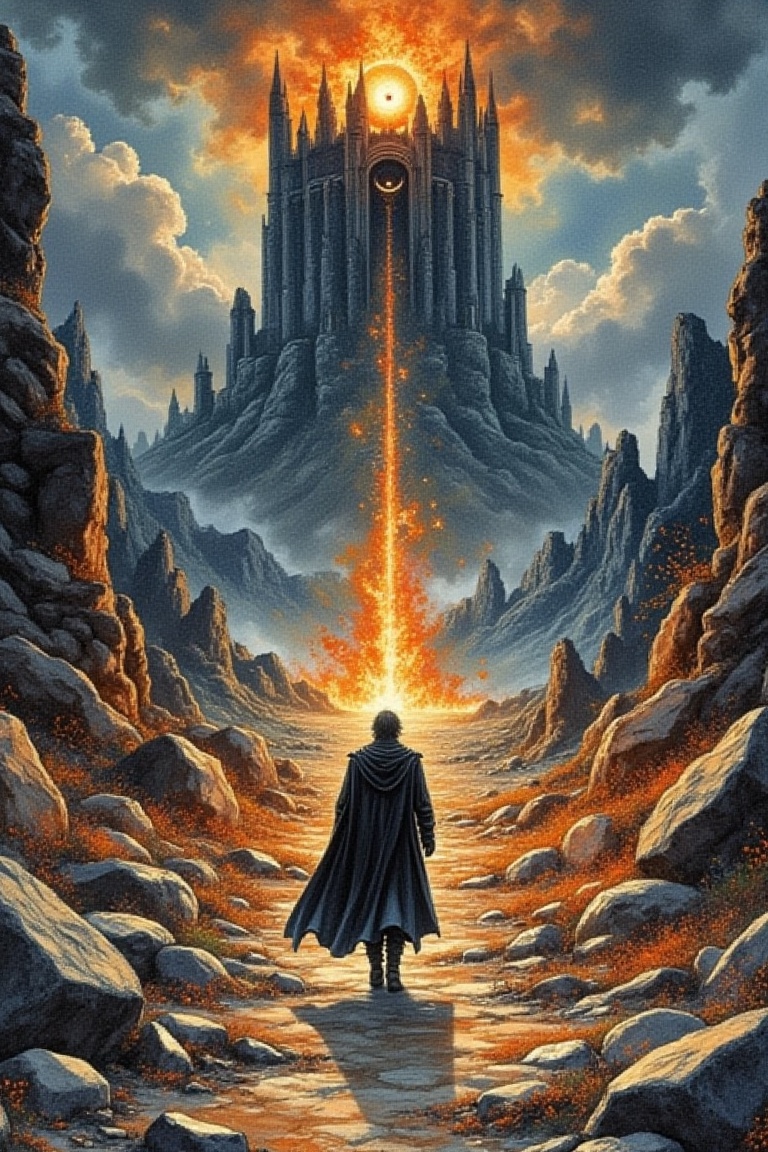 walking to mordor,  you can only see his silhouette,  in front of him a pathway in ruins on Tensor.Art