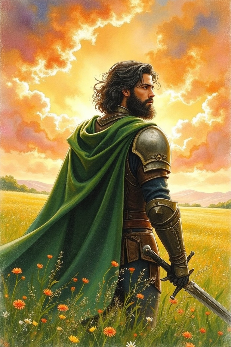 A beautiful man with dark hair and a dark beard,  wearing a leather armor and a green cloak,  holding a sword in his hand...