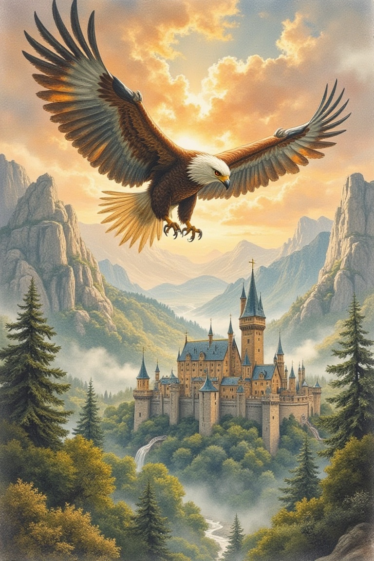 a giant magical eagle flying above a stone city,  surrounded by a magical forest,  the soft clouds reach the eagle as she...