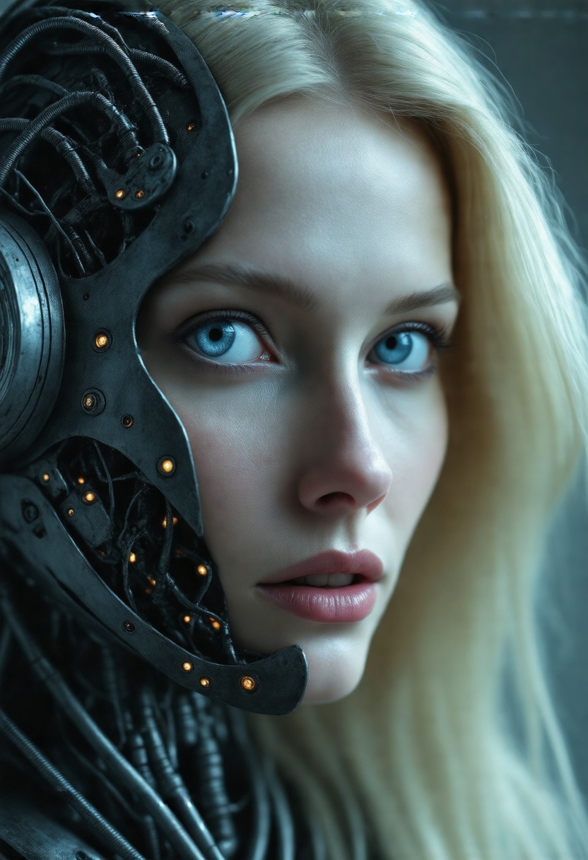 a close-up portrait of a woman's face and upper body. The woman has blonde hair and blue eyes. She is wearing a futuristic-looking mask with intricate details and patterns. The mask is made up of black metal and has a large eye in the center. The eye is surrounded by small circular holes and wires, giving it a futuristic and futuristic look. The background is a dark grey color, making the mask stand out even more. The overall mood of the image is dark and mysterious