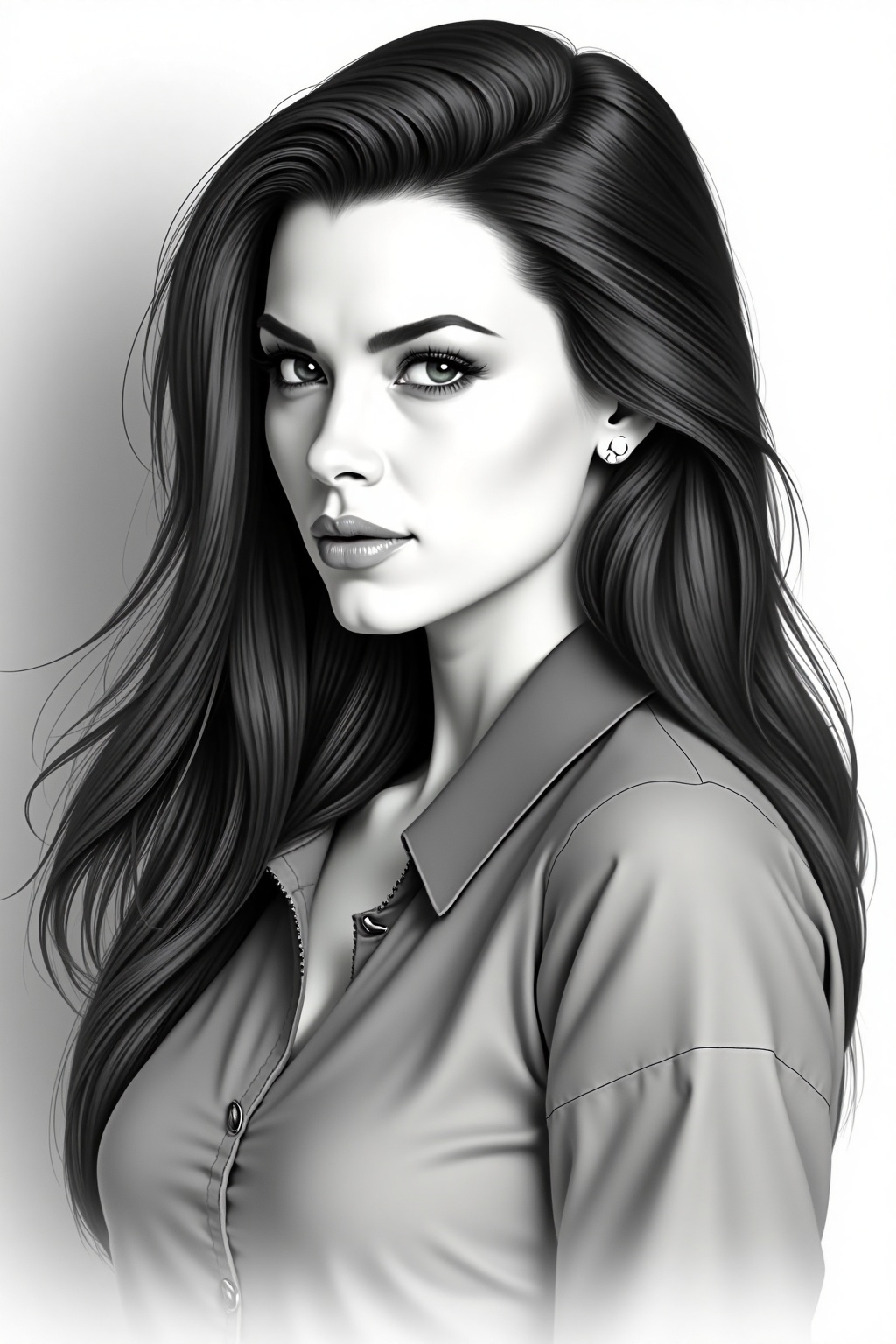 P3nc1l_Sk3tch,  Digital drawing of a woman with a serious expression,  long flowing hair on Tensor.Art