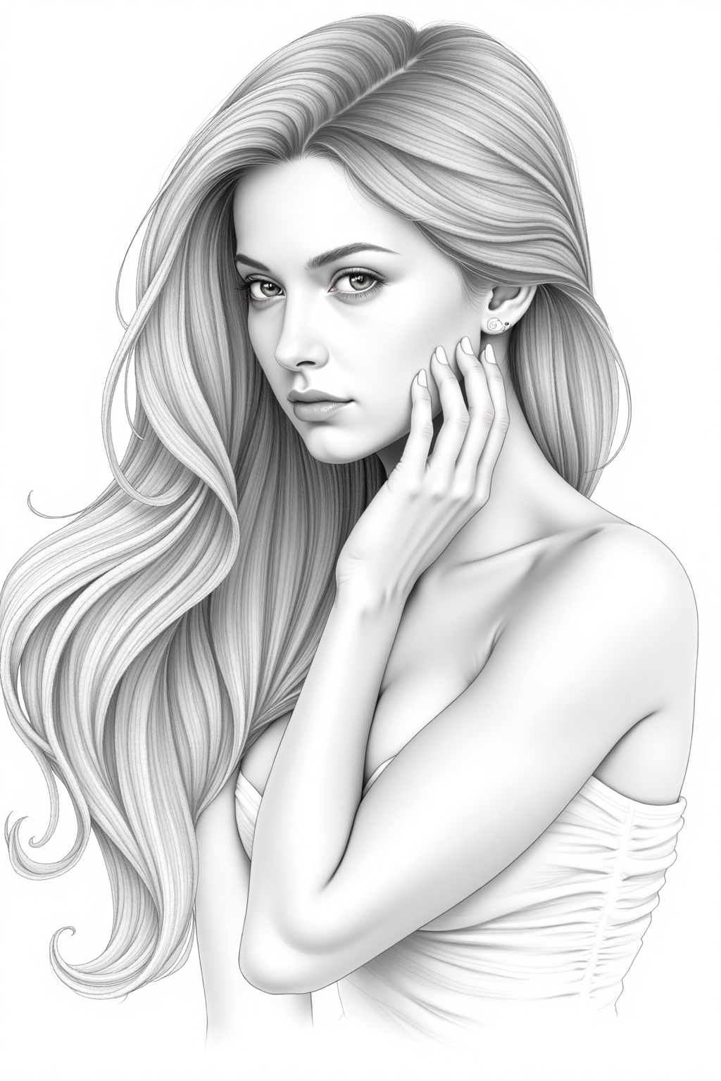 P3nc1l_Sk3tch,  A highly detailed black and white pencil drawing of a young woman with long,  flowing hair on Tensor.Art