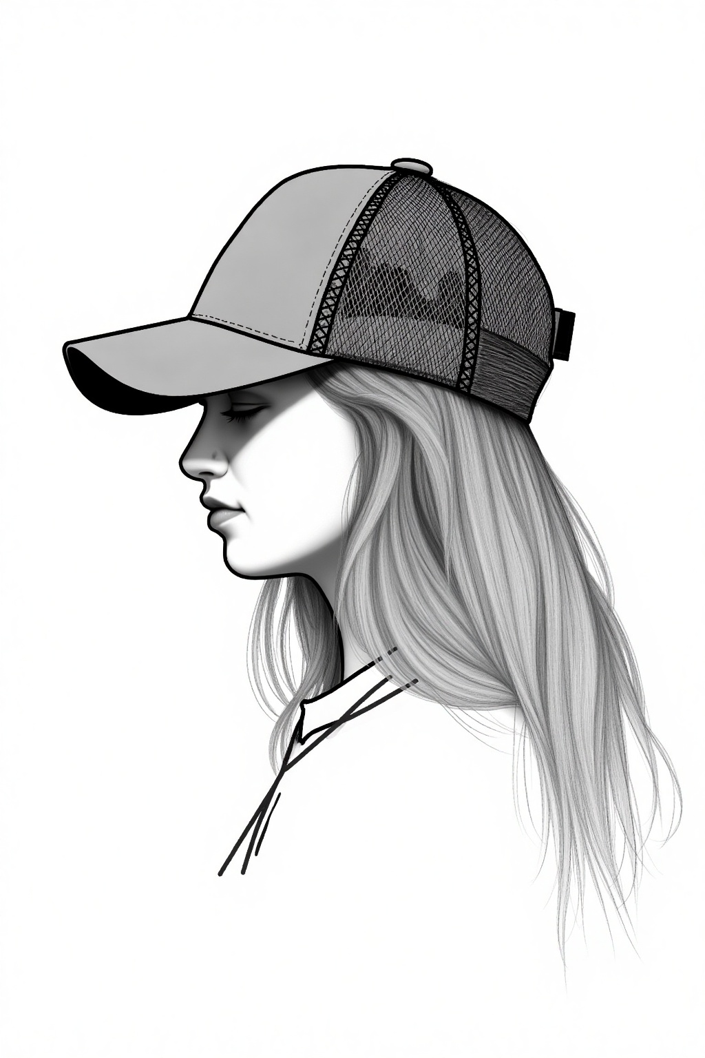 P3nc1l_Sk3tch,  A pencil sketch of a woman's head is depicted on a plain white background. The woman's face is facing to t...