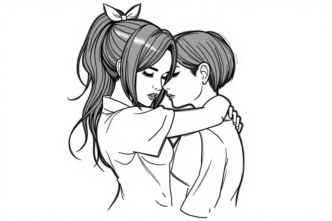 P3nc1l_Sk3tch,  A black and white sketch of two women hugging each other. The woman on the left has long dark hair that is...
