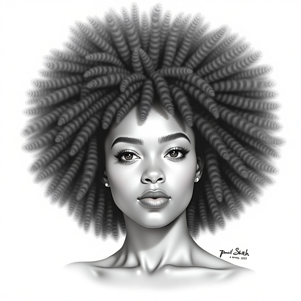P3nc1l_Sk3tch,  A highly detailed pencil drawing of a young woman with a large,  curly afro on Tensor.Art