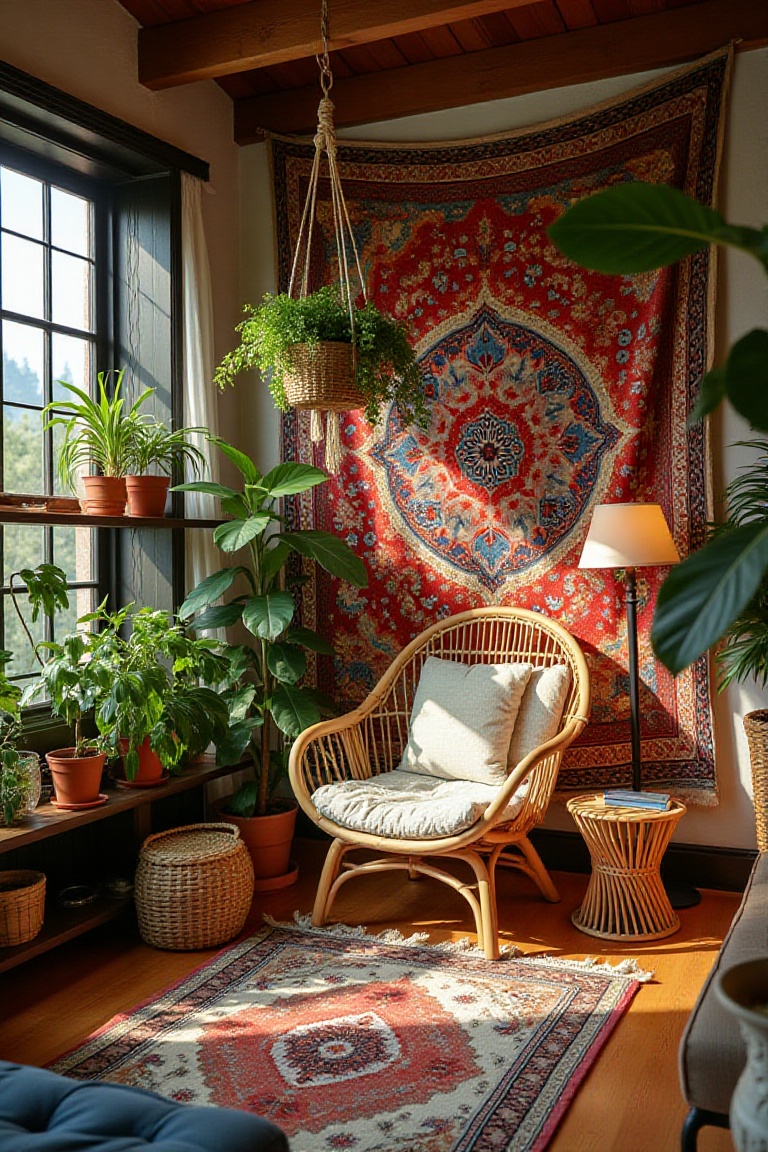 A sunlit bohemian living room features a vibrant,  eclectic mix of textiles and vintage furniture amidst lush greenery. A...