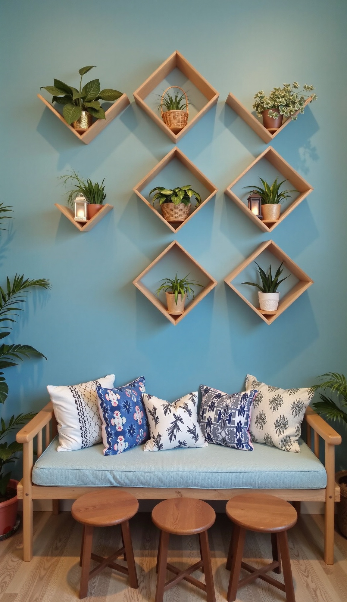 an interior space with a teal blue wall adorned with nine diamond-shaped wooden shelves arranged in a grid pattern. Each s...