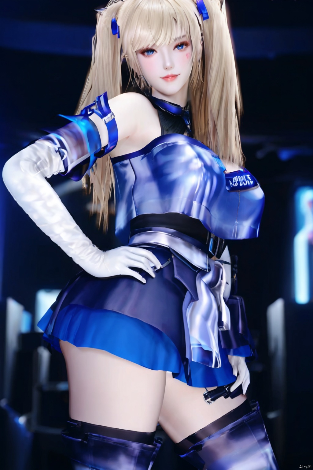 1girl solo long hair breasts looking at viewer bangs skirt blonde hair large breasts thighhighs gloves twintails elbow gloves hand on hip



