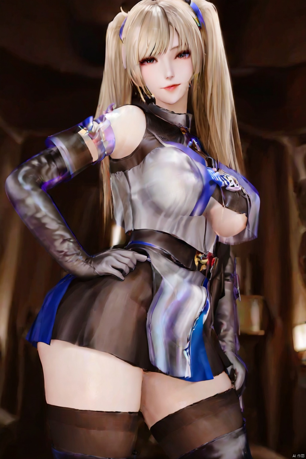 1girl solo long hair breasts looking at viewer bangs skirt blonde hair large breasts thighhighs gloves twintails elbow gloves hand on hip



