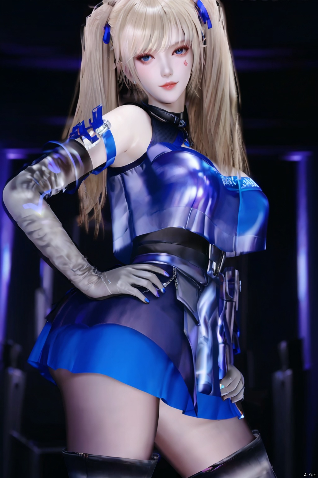 1girl solo long hair breasts looking at viewer bangs skirt blonde hair large breasts thighhighs gloves twintails elbow gloves hand on hip


