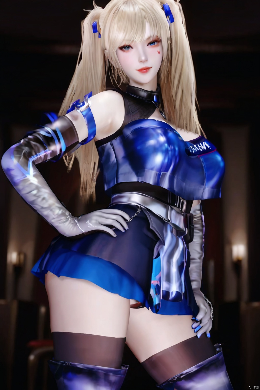 1girl solo long hair breasts looking at viewer bangs skirt blonde hair large breasts thighhighs gloves twintails elbow gloves hand on hip


