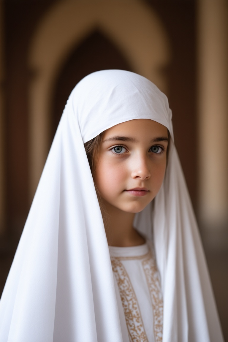 A Byzantine style girl in monastery,  white head-cloths and veils. , on Tensor.Art