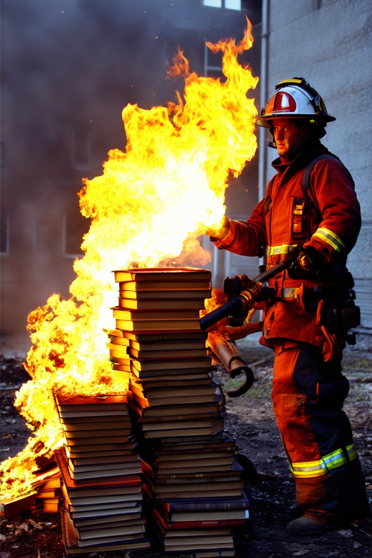 Closeup of a fireman,  Guy Montag from Fahrenheit 451,  torching a pile of books with a flamethrower. on Tensor.Art