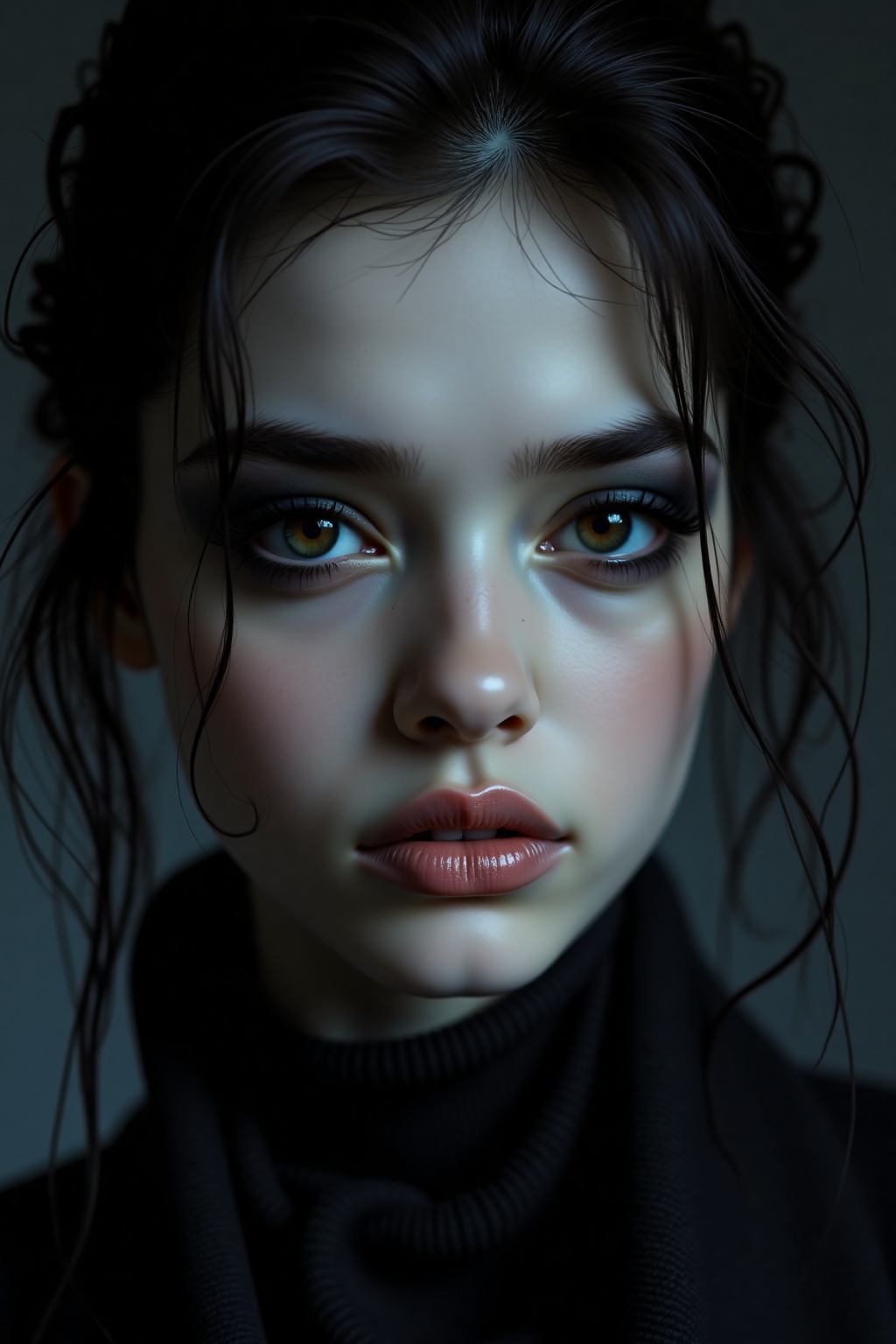 Create a close-up portrait of a girl with dark,  dramatic makeup and a mysterious aura,  using low-key lighting with deep...